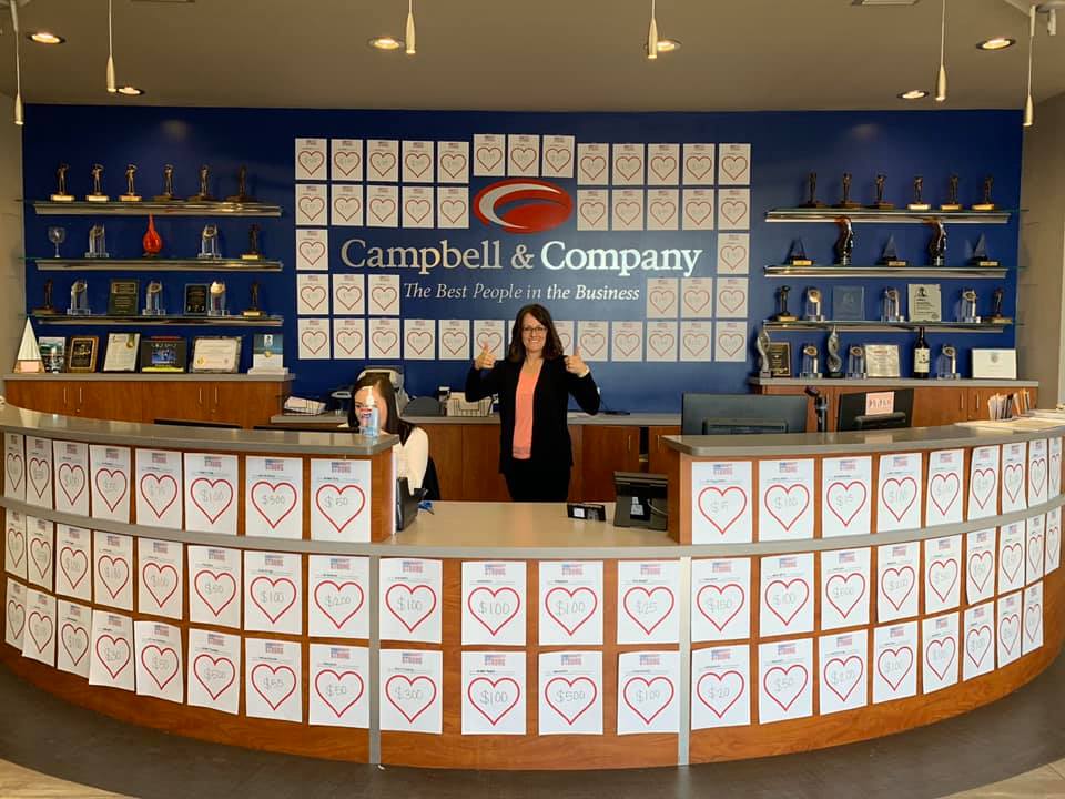 Campbell & Company front desk with hearts all around the office