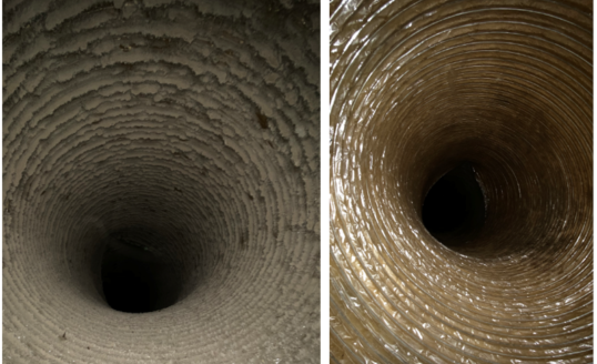 A picture of a dirty duct before cleaning, and a clean duct after cleaning.