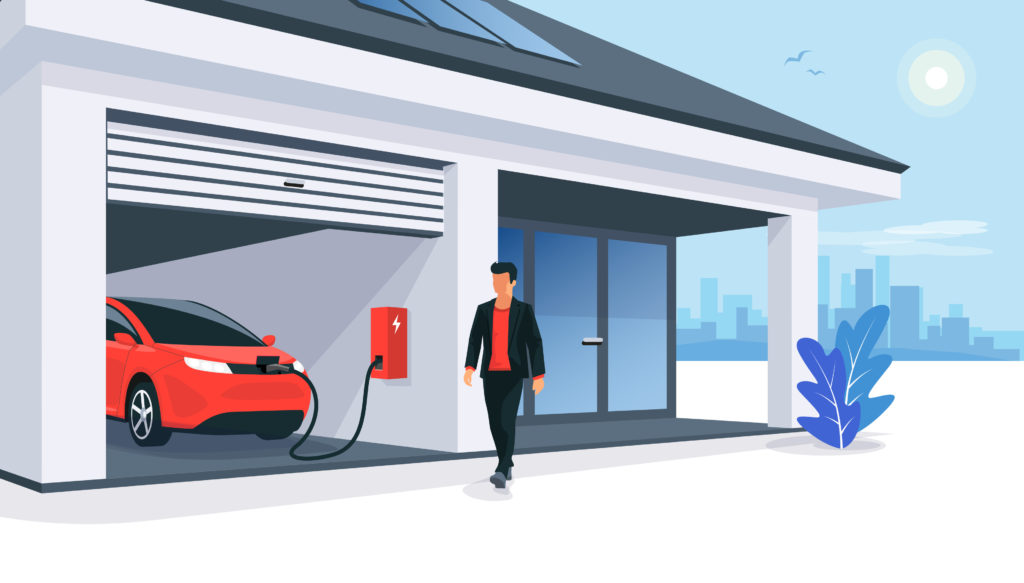 A cartoon image of a man with an electric vehicle plugged in to charge at home