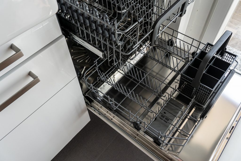 Top-down view of an open dishwasher