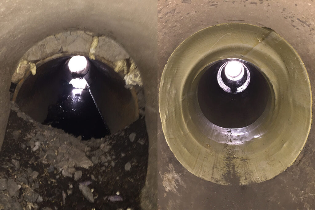 Two images of a sewer drain, before and after drain cleaning.