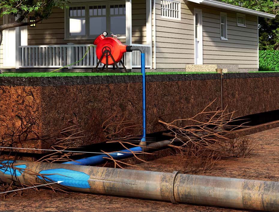 A house with a pipe and a hose, showcasing trenchless sewer line repair