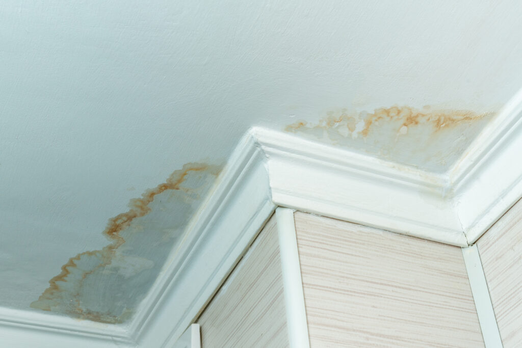 water-damaged ceiling, close-up of a stain on the ceiling.