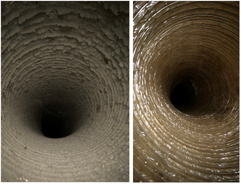 Air duct cleaning: before - dusty and dirty vents, after - clean and fresh vents, improving air quality.