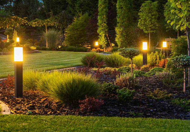 Security lights illuminating a beautifully landscaped garden at night.