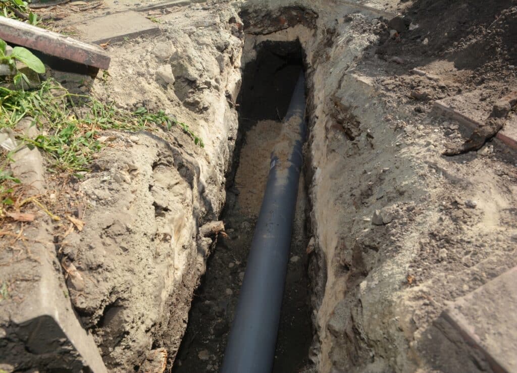 Ground pipe being dug up in a trench for repairs